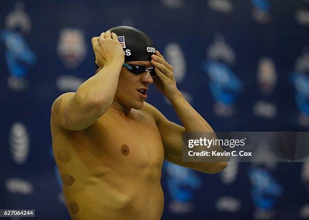 Tom Shields prepares to compete in the Men's 50 Yard Freestyle during day two of the 2016 AT&T Winter National Championships at McAuley Aquatic...