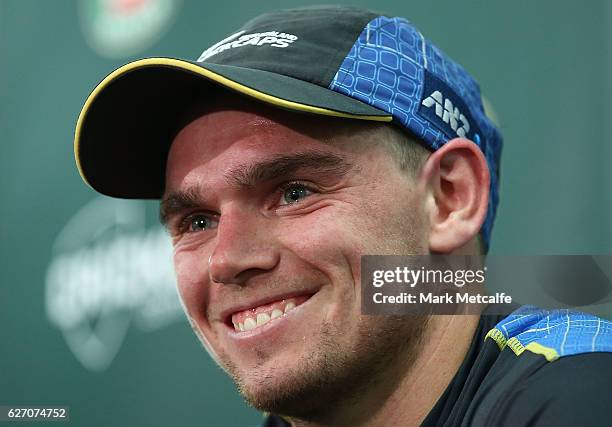 Tom Latham speaks to the media during a New Zealand press conference at Sydney Cricket Ground on December 2, 2016 in Sydney, Australia.