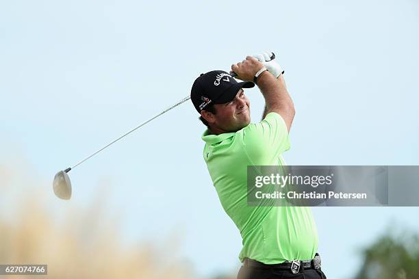 Patrick Reed of the United States hits his tee shot on the 13th hole during round one of the Hero World Challenge at Albany, The Bahamas on December...