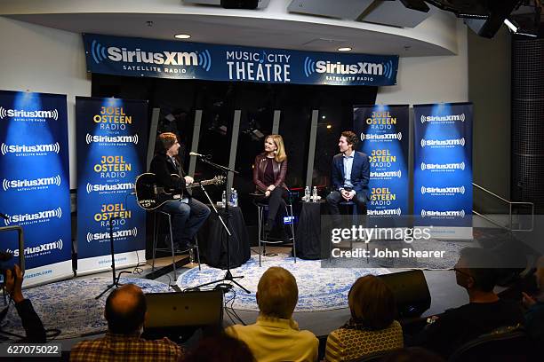 Recording artist Jimmy Wayne, left, appears with Joel & Victoria Osteen at the SiriusXM Nashville Studios on December 1, 2016 in Nashville, Tennessee.