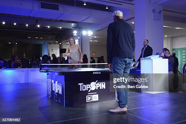 Former New York Knick, John Wallace and Rebecca Haarlow participate in tournament at the 8th Annual TopSpin New York Charity Event at Metropolitan...