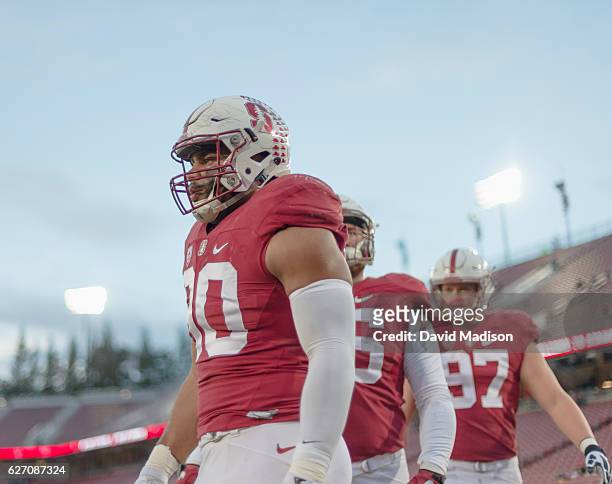 Solomon Thomas of the Stanford Cardinal warms up before an NCAA football game against the Rice Owls played on November 26, 2016 at Stanford Stadium...