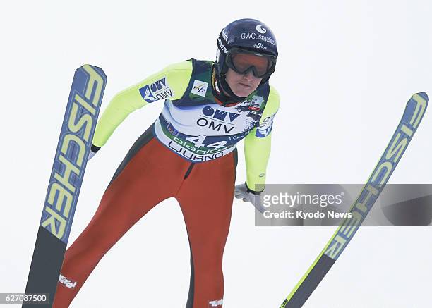 Slovenia - Daniela Iraschko-Stolz of Austria is pictured during her first jump during the World Cup ski jump in Planica, Slovenia, on Jan. 26, 2014....