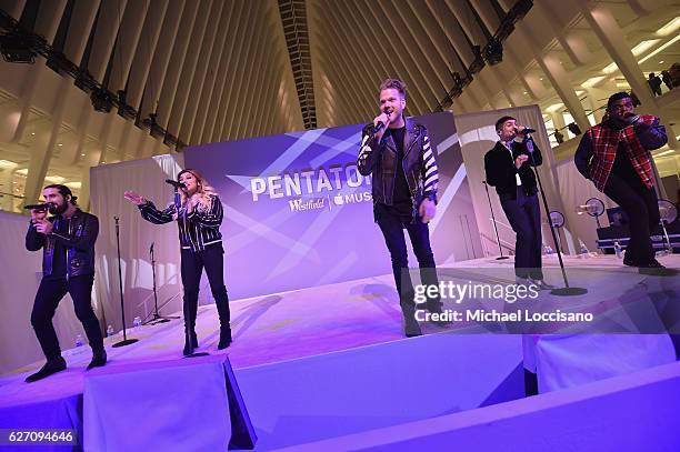 Avi Kaplan, Kirstin Maldonado, Scott Hoying, Mitchell Grassi and Kevin Olusola of Pentatonix perform at Westfield World Trade Center Holiday Lights...