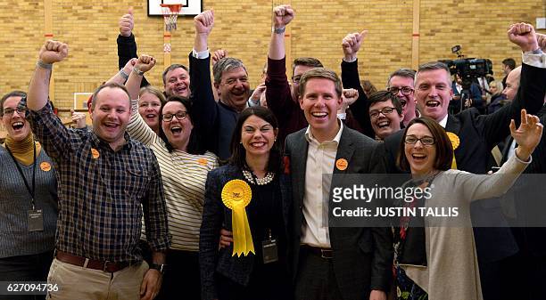 Newly elected Liberal Democrat MP for Richmond Park Sarah Olney celebrates with her husband Ben and party supporters after winning her seat in...