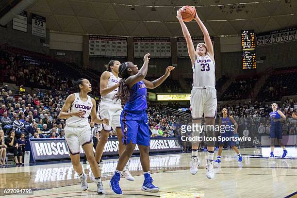 UConn Huskies Guard/Forward Katie Lou Samuelson pulls down a defensive rebound during the first half of a women's NCAA division 1 basketball game...