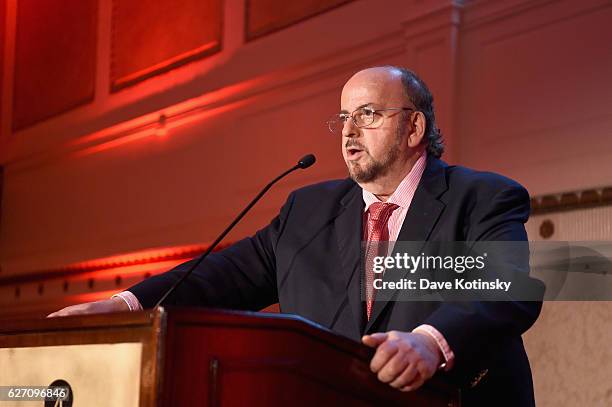 James Toback speaks onstage at the 2016 AJHS Emma Lazarus Statue Of Liberty Award Dinner - Inside at The Roosevelt Hotel on December 1, 2016 in New...