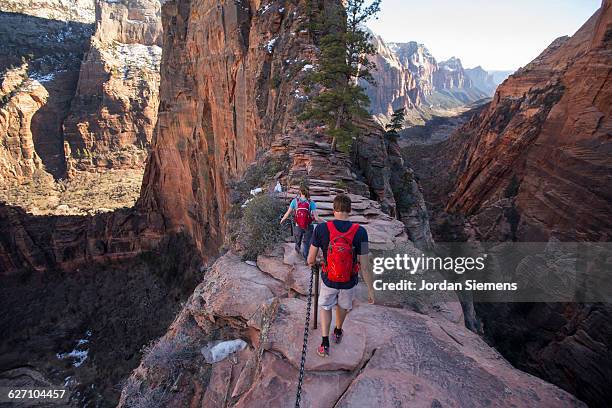 a couple hiking in zion. - parque nacional zion fotografías e imágenes de stock