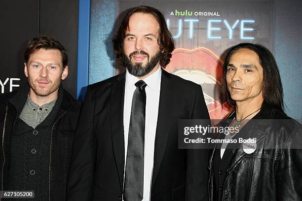 Keir O'Donnell, Angus Sampson and Zahn McClarnon attend the premiere of Hulu's "Shut Eye" at ArcLight Hollywood on December 1, 2016 in Hollywood,...