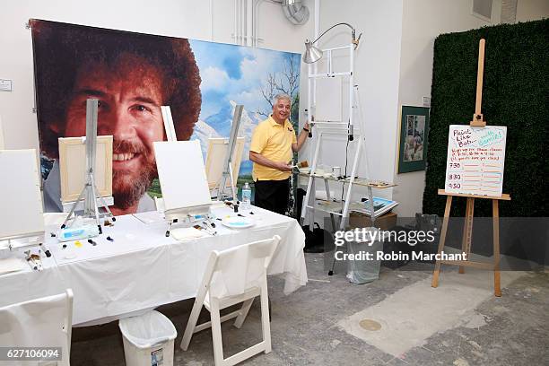 Bob Ross instructor, Bernie Oropollo, with guests at When The Art Comes Down: Works From The Super 8 Collection - Miami Edition, a celebration of...