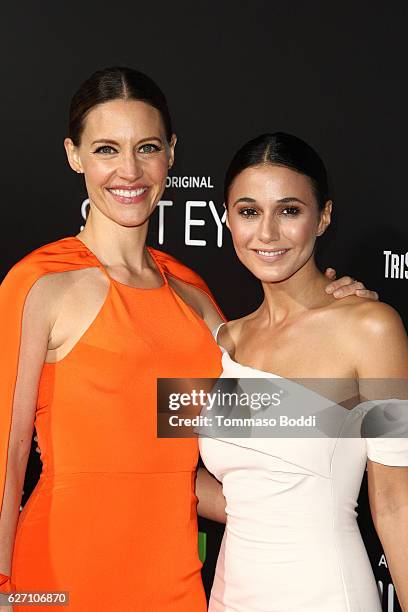 KaDee Strickland and Emmanuelle Chriqui attend the premiere of Hulu's "Shut Eye" at ArcLight Hollywood on December 1, 2016 in Hollywood, California.