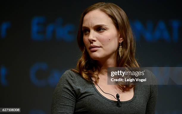 Natalie Portman walks on stage for a panel discussion during the "Jackie" Washington, DC Premiere at The Newseum on December 1, 2016 in Washington,...