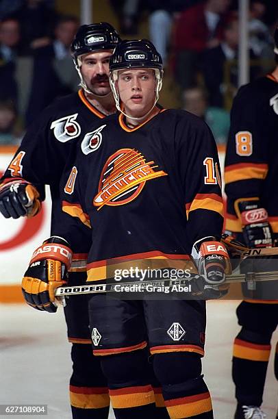 Pavel Bure of the Vancouver Canucks prepares for the face-off against the Toronto Maple Leafs during NHL game action on December 7, 1991 at Maple...