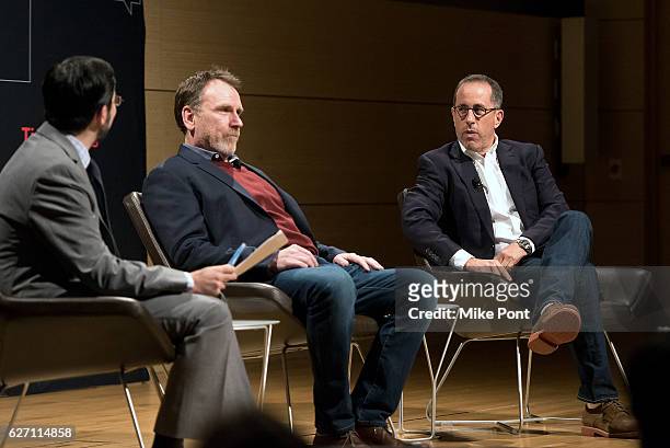 Dave Itzoff, Colin Quinn, and Jerry Seinfeld attend the TimesTalks at The New School on December 1, 2016 in New York City.