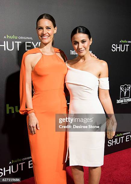 KaDee Strickland and Emmanuelle Chriqui attend the premiere of Hulu's "Shut Eye" at ArcLight Hollywood on December 1, 2016 in Hollywood, California.