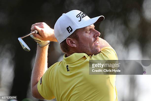 Andrew Dodt of Australia tees off during day two of the 2016 Australian PGA Championship at RACV Royal Pines Resort on December 2, 2016 in Gold...