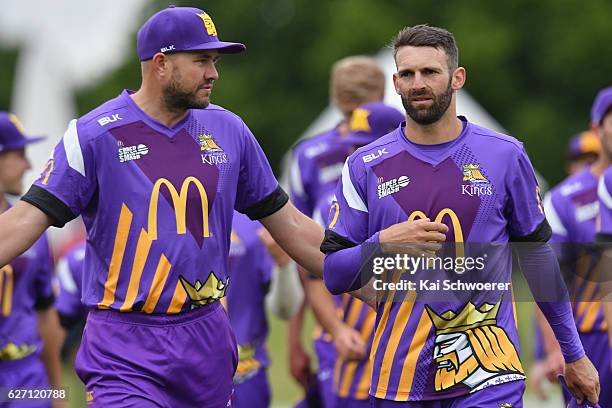 Peter Fulton and Andrew Ellis of the Kings reacting following the T20 practice match between Canterbury Kings and Sydney Thunder at Hagley Oval on...