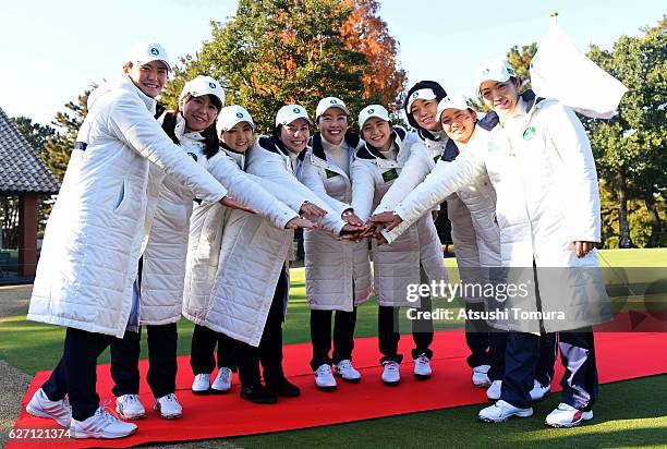 Ayaka Watanabe, Yumiko Yoshida, Erika Kikuchi, Megumi Shimokawa, Yukari Nishiyama, Kotone Hori, Shiho Oyama, Ai Suzuki and Ritsuko Ryu of Japan pose...