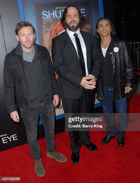 Actors Keir O'Donnell, Angus Sampson and Zahn McClarnon attend the premiere of Hulu's 'Shut Eye' at ArcLight Hollywood on December 1, 2016 in...