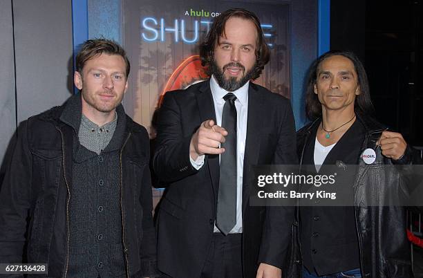 Actors Keir O'Donnell, Angus Sampson and Zahn McClarnon attend the premiere of Hulu's 'Shut Eye' at ArcLight Hollywood on December 1, 2016 in...