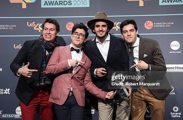Juan Pablo Isaza, Alejandro Posada, Juan Pablo Villamil and Simon Vargas of Morat pose backstage after receiving an award at the Los 40 Music Awards...