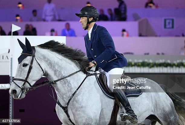 Nicolas Canteloup of France competes at the CSI1 Invitational 'Feel Green Trophy' during the Longines Masters at Parc des Expositions on December 1,...
