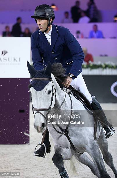 Nicolas Canteloup of France competes at the CSI1 Invitational 'Feel Green Trophy' during the Longines Masters at Parc des Expositions on December 1,...