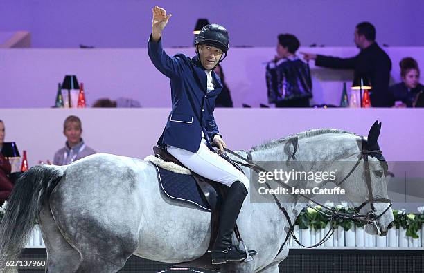 Nicolas Canteloup of France competes at the CSI1 Invitational 'Feel Green Trophy' during the Longines Masters at Parc des Expositions on December 1,...