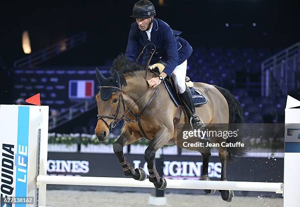 Nicolas Canteloup of France competes at the CSI1 Invitational 'Feel Green Trophy' during the Longines Masters at Parc des Expositions on December 1,...