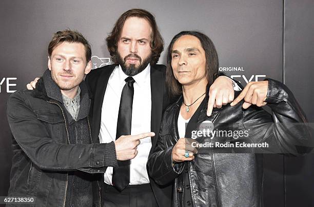 Actors Keir O'Donnell, Angus Sampson, and Zahn McClarnon attend the premiere of Hulu's "Shut Eye" at ArcLight Hollywood on December 1, 2016 in...
