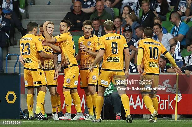 Andy Keogh of the Glory celebrates after scoring a goal during the round nine A-League match between Melbourne Victory and Perth Glory at AAMI Park...