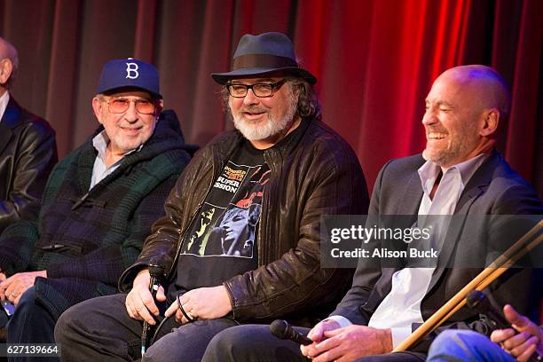 Music producer Brooks Arthur, editor/producer Bob Sarles and Brett Berns onstage during Bert Berns Event at The GRAMMY Museum on December 1, 2016 in...