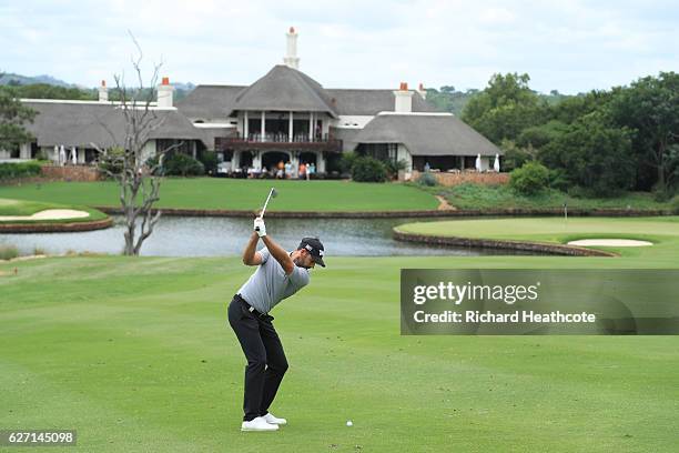 Charl Schwartzel of South Africa plays his second shot on the 9th during the second round of the Alfred Dunhill Championship at Leopard Creek Country...