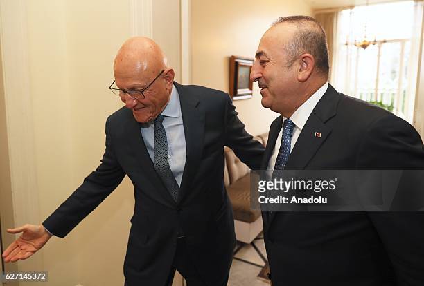 Lebanese Prime Minister Tammam Salam welcomes Turkish Foreign Minister Mevlut Cavusoglu prior to their meeting in Beirut, Lebanon on December 02,...