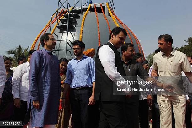 Maharashtra Chief Minister Devendra Fadnavis and Shiv Sena chief Uddhav Thackeray and Aditya Thackeray during inauguration of first phase of the...