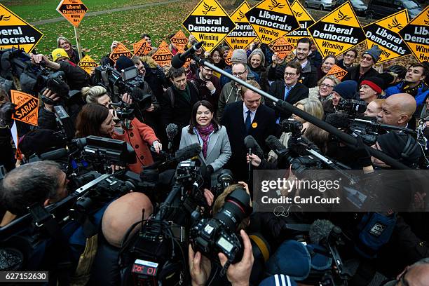 Liberal Democrat leader Tim Farron and Sarah Olney speak to the media following Colney's victory in the Richmond Park by-election on December 2, 2016...