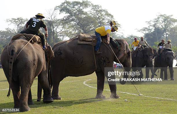 Elephant polo players from Tiger Tops Vikings and Tiger Tops Tuskers vie for the ball during the final of the 35th International Elephant Polo...