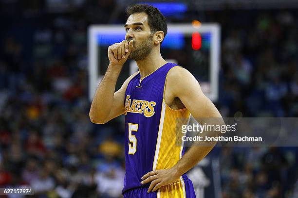 Jose Calderon of the Los Angeles Lakers reacts during the first half of a game against the New Orleans Pelicans at the Smoothie King Center on...