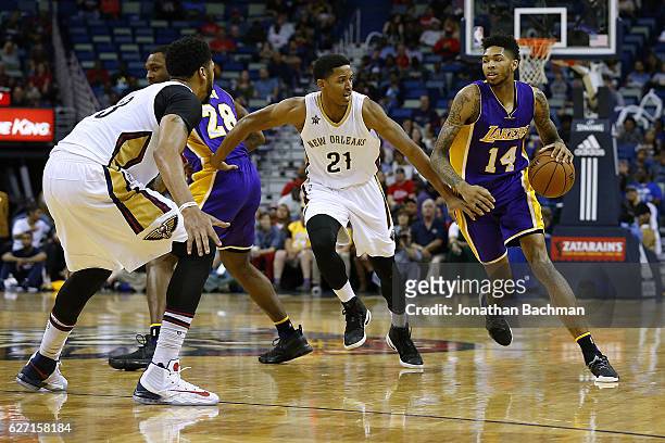 Brandon Ingram of the Los Angeles Lakers drives against Anthony Brown of the New Orleans Pelicans during the second half of a game at the Smoothie...