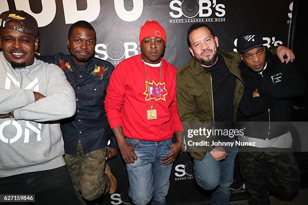 Sheek Louch, Brian "BDot" Miller, Jadakiss, Elliott Wilson, and Styles P attend the Rap Radar Podcast With The LOX at SOB's on December 1, 2016 in...