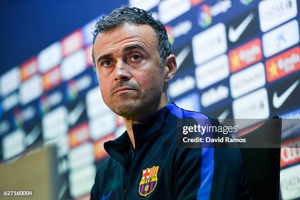 Head coach Luis Enrique of FC Barcelona faces the media during a press conference ahead of their La Liga match between FC Barcelona and Real Madrid...