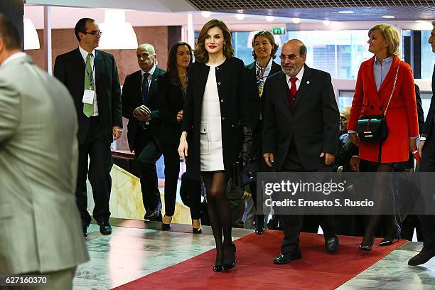 Queen Letizia of Spain and Jose Graziano Da Silva attend the International Symposium: Sustainable Food Systems In Favor Of Healthy Diets And The...