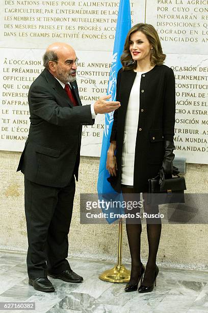 Queen Letizia of Spain and Jose Graziano Da Silva attend the International Symposium: Sustainable Food Systems In Favor Of Healthy Diets And The...