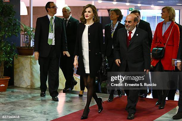 Queen Letizia of Spain and Jose Graziano Da Silva attend the International Symposium: Sustainable Food Systems In Favor Of Healthy Diets And The...