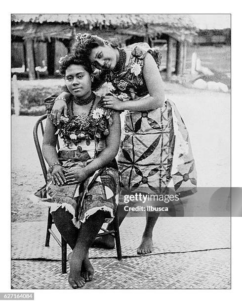 antique photograph of samoan girls - world's columbian exposition,chicago-1893 - polynesian people stock illustrations