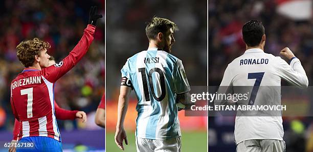 This combination of pictures created on December 2, 2016 in Paris shows the three nominees for The Best FIFA Mens Player Award, Atletico Madrid's...