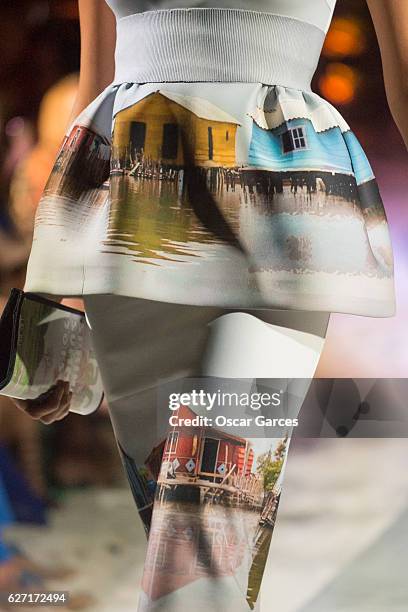 Detail of a dress as a model walks the runway during Silvia Tcherassi show as part of Aruba Fashion Week 2016 at Expo Oranjestad on December 01, 2016...