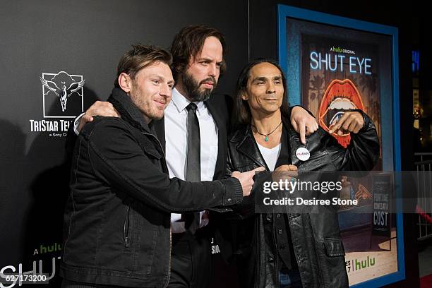 Keir O'Donnell, Angus Sampson, and Zahn McClarnon attend the premiere of Hulu's "Shut Eye" at ArcLight Hollywood on December 1, 2016 in Hollywood,...
