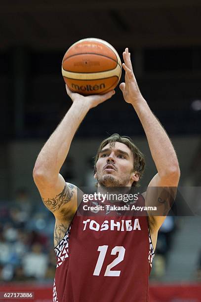 Ryan Spangler of the Kawasaki Brave Thunders shoots a free throw during the B. League match between Toshiba Kawasaki Brave Thunders and Levanga...