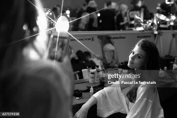 This Image has been converted to Black and White. Barbara Fialho poses backstage prior to the Victoria's Secret Fashion Show on November 30, 2016 in...